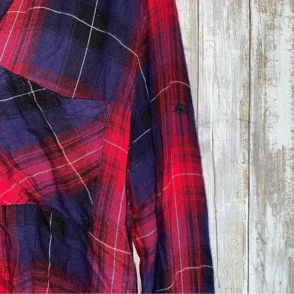 Cloth & Stone Red Plaid Raw Hem Button Up - Picture 4 of 6